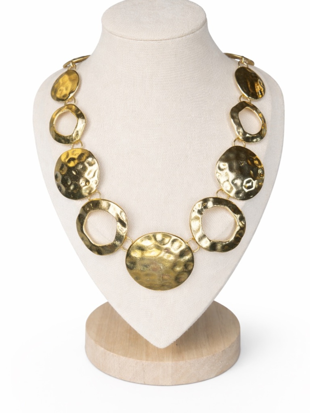 Gold Tone Hammered Disc & Open Circle Statement Necklace Bold 18-22"